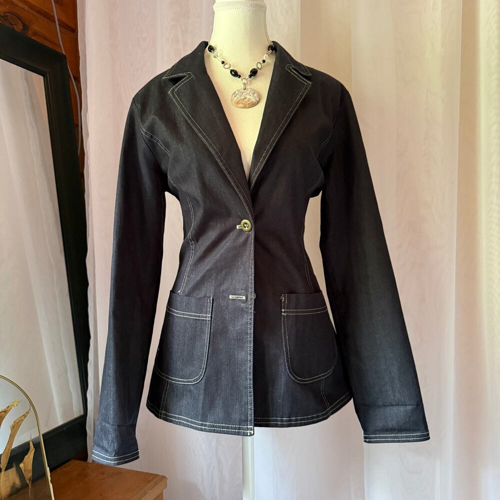 Y2K CLIO Dark Wash Denim Blazer Jacket Sz 10 Contrast Stitch Academia Grunge